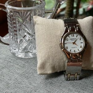 Geneva White Face Unisex Watch with Silver and Gold Bracelet Style Band Vintage
